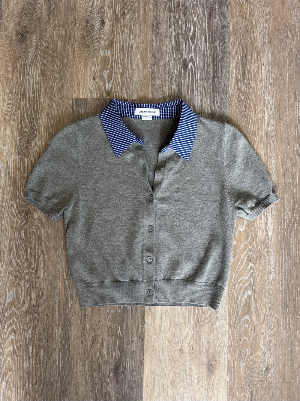 Urban Revivo Grey Short Sleeve Knit Cardigan with Gingham Collar